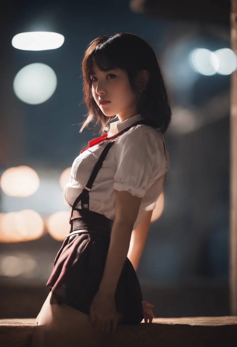 beautiful, masterpiece, best quality, extremely detailed face,  perfect lighting, 1girl, solo,  matoi ryuuko b, senketsu, suspender skirt, squatting,blush,  cowboy shot