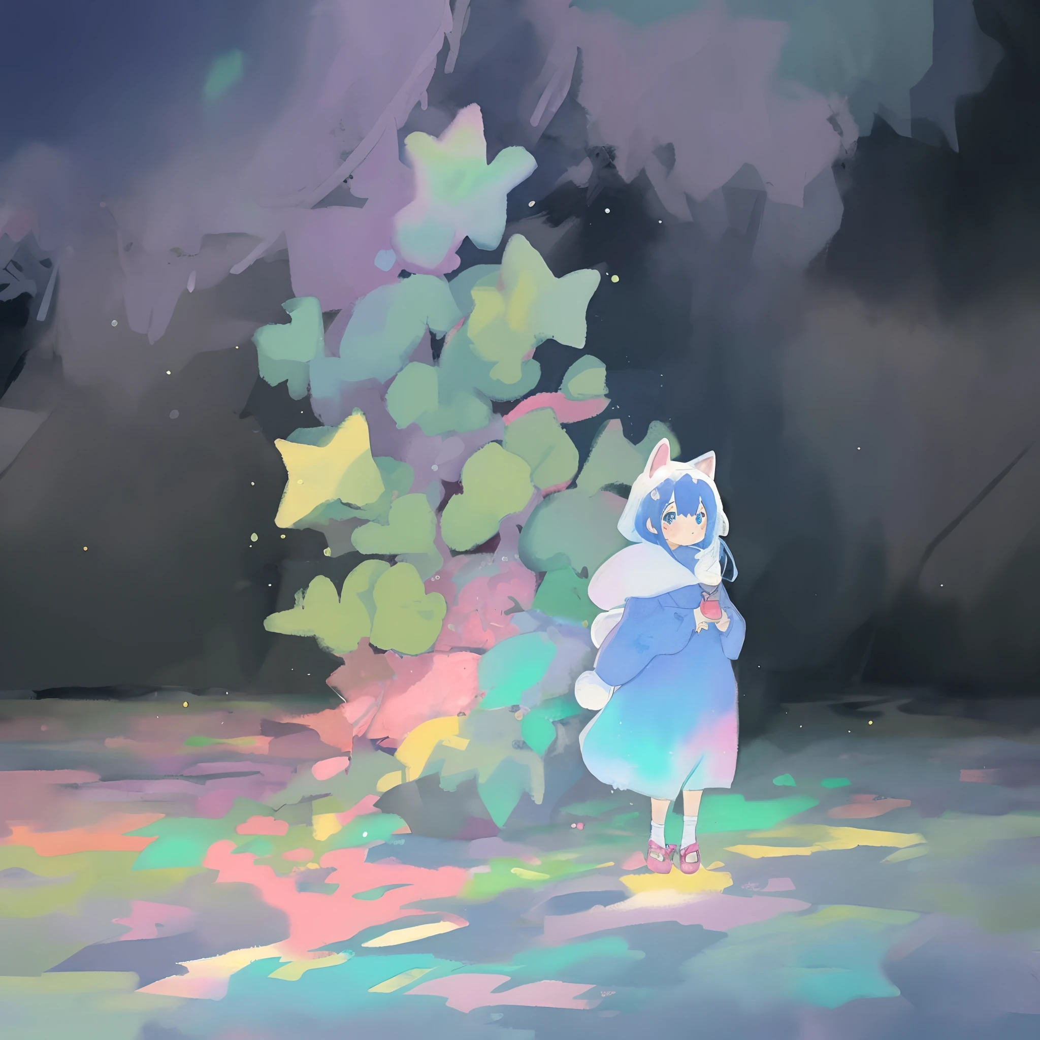 (best qualtiy）、（​masterpiece：1.2）、（colourfull：0.9）、（（Ink splashing））、（Color scattering）、（watercolor paiting)、Crisp focus、model shot, hight resolution, (Anime style:1.1), ((masutepiece)), ((Best Quality)), (Ultra-detailed), (Beautiful), 独奏, Beautiful face、(liftup),12year old、cosmic space、Urban cityscape、beauttiful stars々、Cute girl in rabbit costume standing on the moon looking at the earth、girl with、Light blue colorful hair, Colorful eyes,Looking at Viewer,Lens Flare,Dramatic, Coastal、full body Esbian