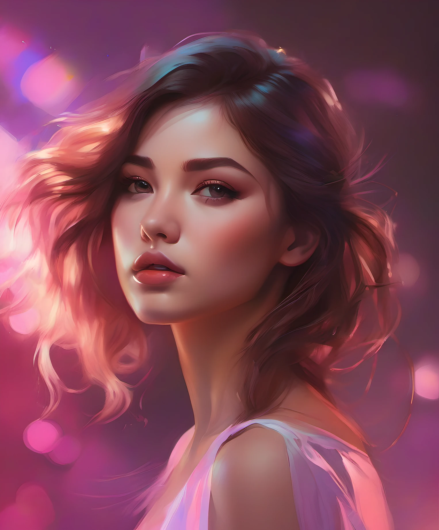 (Una pintura de una mujer con cabello largo), Arte digital, inspirado por Ross Tran, cabello largo y esponjoso y rizado, Soft sunset lighting, Hermoso arte UHD 4K, Vestido y rostro detallados, Chica rosa, Pintura realista de chica linda, Magali Villeneuve' cabello ondulado, Caricatura ultra realista, Imagen besada por el viento, Sakimichan