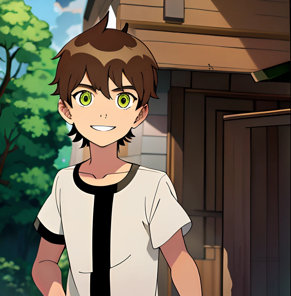 masterpiece, best quality, 1boy, bentennyson,green eyes, shirt, upper body,looking at viewer,teeth,smile,anime coloring