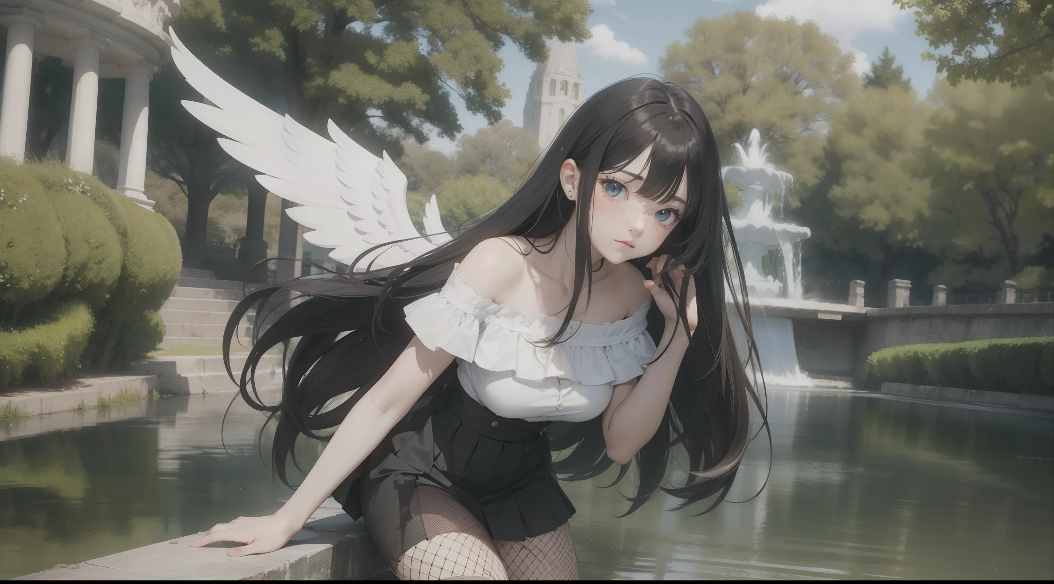 beautiful girl, very white skin, freckles on face, 14 years old, off-the-shoulder shirt, pleated skirt, black fishnet tights, very long hair, wavy hair, small breasts, very large angel wings, lakeside, park, sexy pose , big nail, lots of blood, leaning forward, best quality, high resolution, hyperrealistic, 8K, HDR