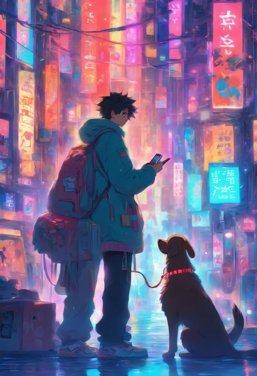 Human talking to a dog. the human holding a phone that translates what human says to the dog.