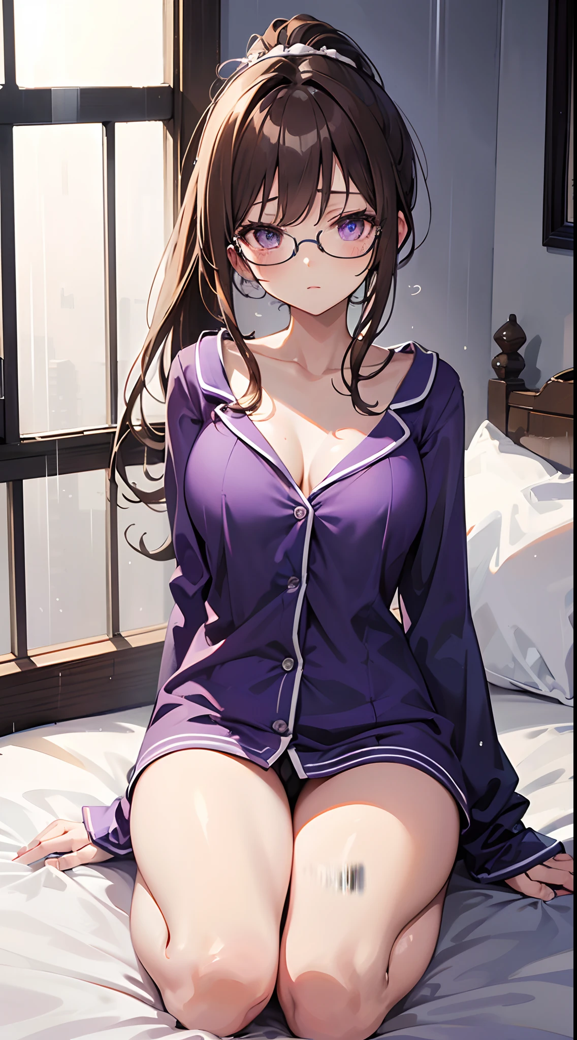 ((masutepiece)), ((Best Quality)), (Ultra-detailed), ((kawaii)), Cute, (lovely), ((Sexy)), (Ero), ((Extremely detailed)), 4K, (8K), Best Quality, (Beautiful), Anime style, Upper body, look down from above, full body focus, in the room, on the bed, morning, **************** s, 1girl in, Solo, Pajama, Beautiful light brown hair, Beautiful purple eyes, ((Beautiful eyes)), White-skinned, Ponytail, Transparent hair, translucent hair, large full breasts, Glasses, Cool, Wind-effect, rainy, Rain, reflection effect