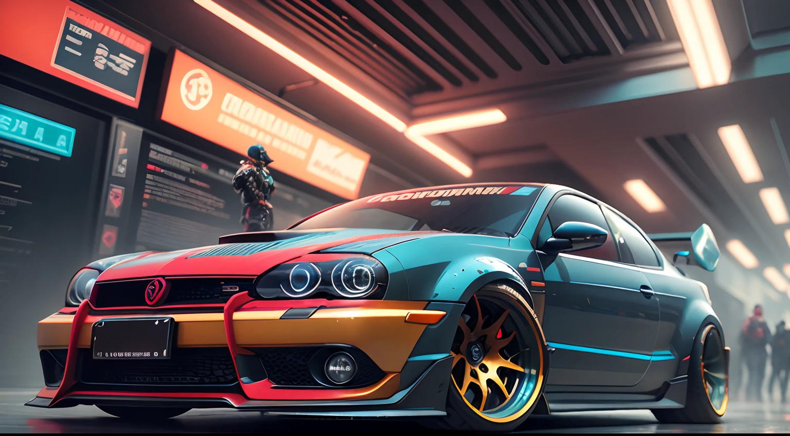 Veiculo golf gti customizado pimp my ride em cenario cyberpunk render de alta octanagem, hiper realista, detalhes extremos, cinemactic, trending in artstation | Bladerunner aesthetics, por estilo Pablo Picasso, in_hongkong, cenario pista de corrida,apocalyptic, magnificent futuristic vehicle, cenario cyberpunk render de alta octanagem, hiper realista, detalhes extremos, cinemactic, trending in artstation | Bladerunner aesthetics, ao estilo Pablo Picasso