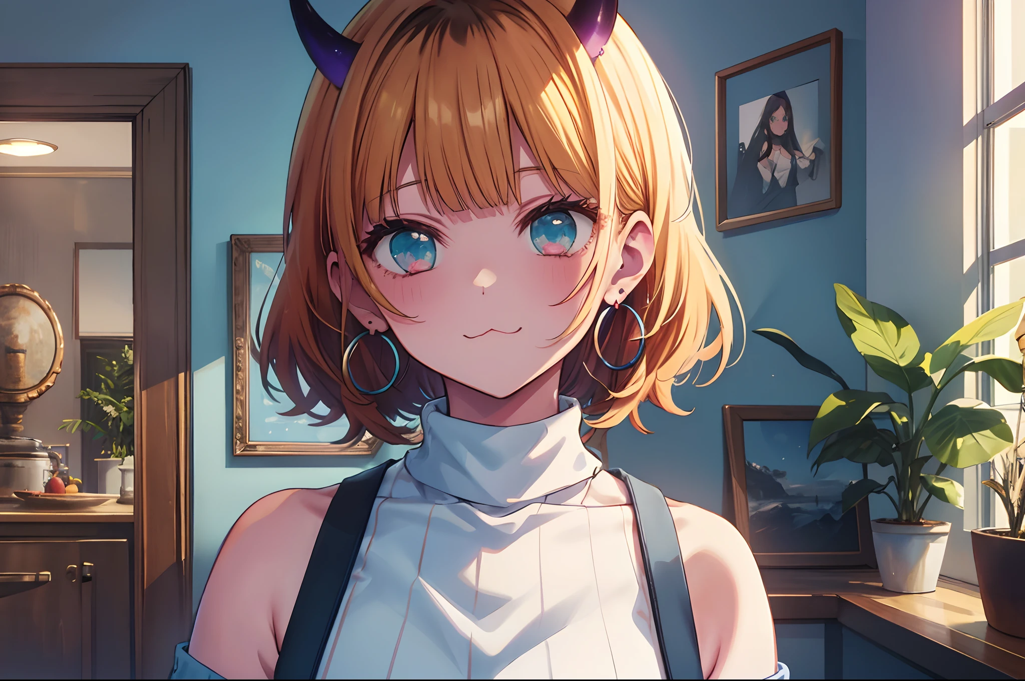 ​masterpiece, hightquality, Hi-Res, MEMcho, Indoors, ,short-cut,The shirt, off shoulders, off-the-shoulder sweater, (Light blue sweater:1.2), (small horn), (:3:1.2), sleeveless shirts, High Neck Sleeveless Shirt, Black shirt, Sweaters, Sweater sleeve wrist too much,  hoop earings,up of face,Depiction of beautiful faces,detailed face depiction,Depiction from head to neck,