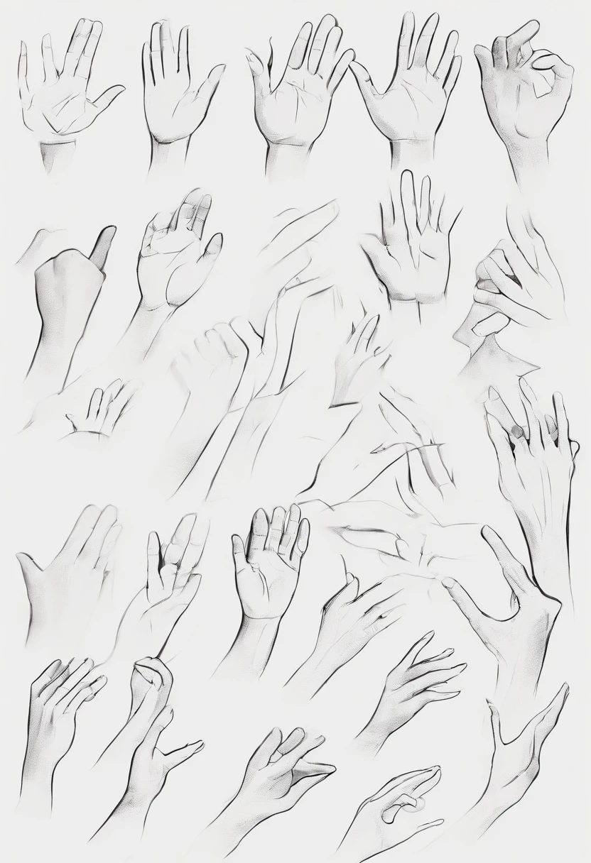 Study of hand drawing, various hand poses and angles, hands only, (((white background))), hand drawing reference, gestural drawings, gestural hand poses, each hand should have only five fingers, high quality, 4k, stylized hand drawing, conceptual hands, reference pose.