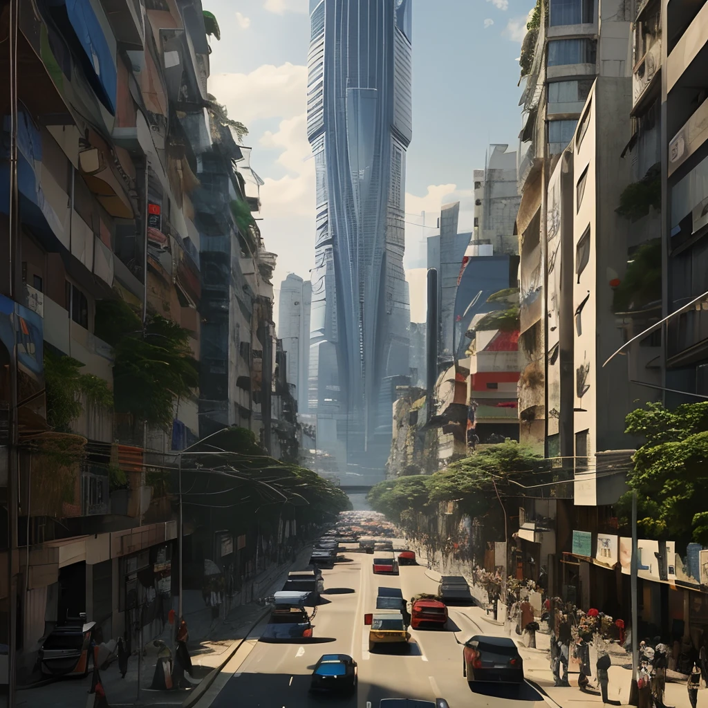 Cars are driving down a busy city street in a digital paint job, sao paulo in the year 2 0 7 0, futuristic sao paulo, rua futurista da cidade, in a tropical and dystopic city, rua futurista, cidade cyberpunk hiper realista, arte conceitual altamente realista, Cidade futurista humana, Tinta escura 8K, Tinta escura 8K, outra palavra futurista cidade