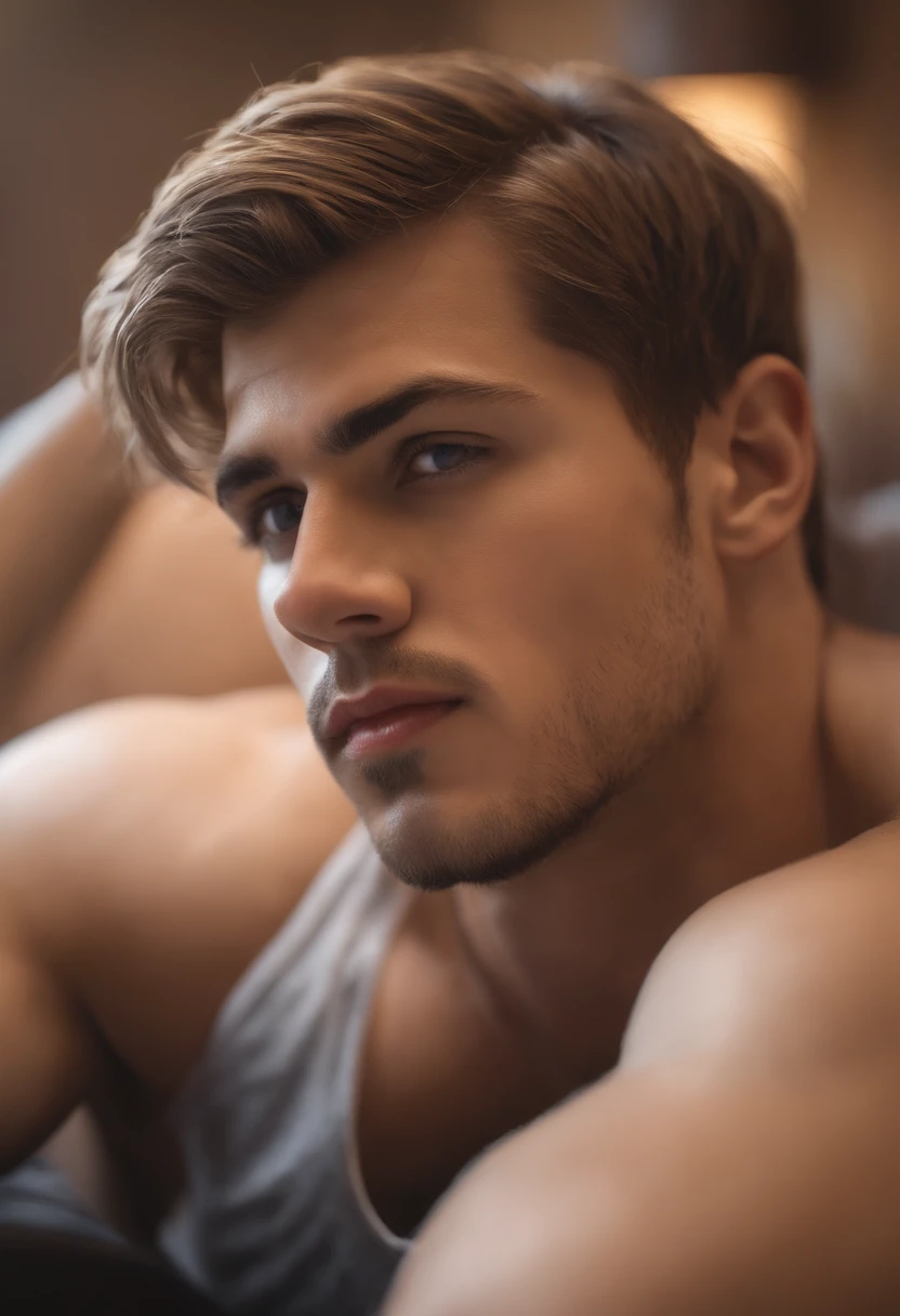 ((Top Quality, 8k, Masterpiece: 2), fit boy,lying down,hairy chest::1.7, crew cut, top view(Male Focus), armpit, masculine shape, masculine, rough, raised , sexy, correct anatomy::, beard::1.5 honey-colored eyes::1.8 , photorealistc, model, Full Body, almost naked, POV,top angle,correct anatomy, explicit content,bara, pubic hair,dripping, very short hair, gray hair,(sweat:1.3),bodily fluids,precum,pain expression,hd, dark shadows, jockstrap:1.5, full beard