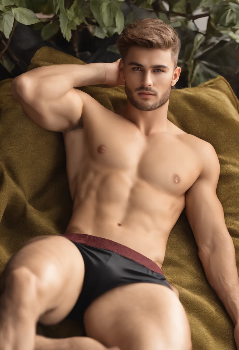 ((Top Quality, 8k, Masterpiece: 2), fit  boy,lying down,hairy chest::1.7, crew cut, top view(Male Focus), armpit, masculine shape, masculine, rough, raised , sexy, correct anatomy::, beard::1.5 honey-colored eyes::1.8 , photorealistc, model, Full Body, almost naked, POV,top angle,correct anatomy, explicit content,bara, pubic hair,dripping, very short hair, gray hair,(sweat:1.3),bodily fluids,precum,pain expression,hd, dark shadows, jockstrap:1.5, full beard
