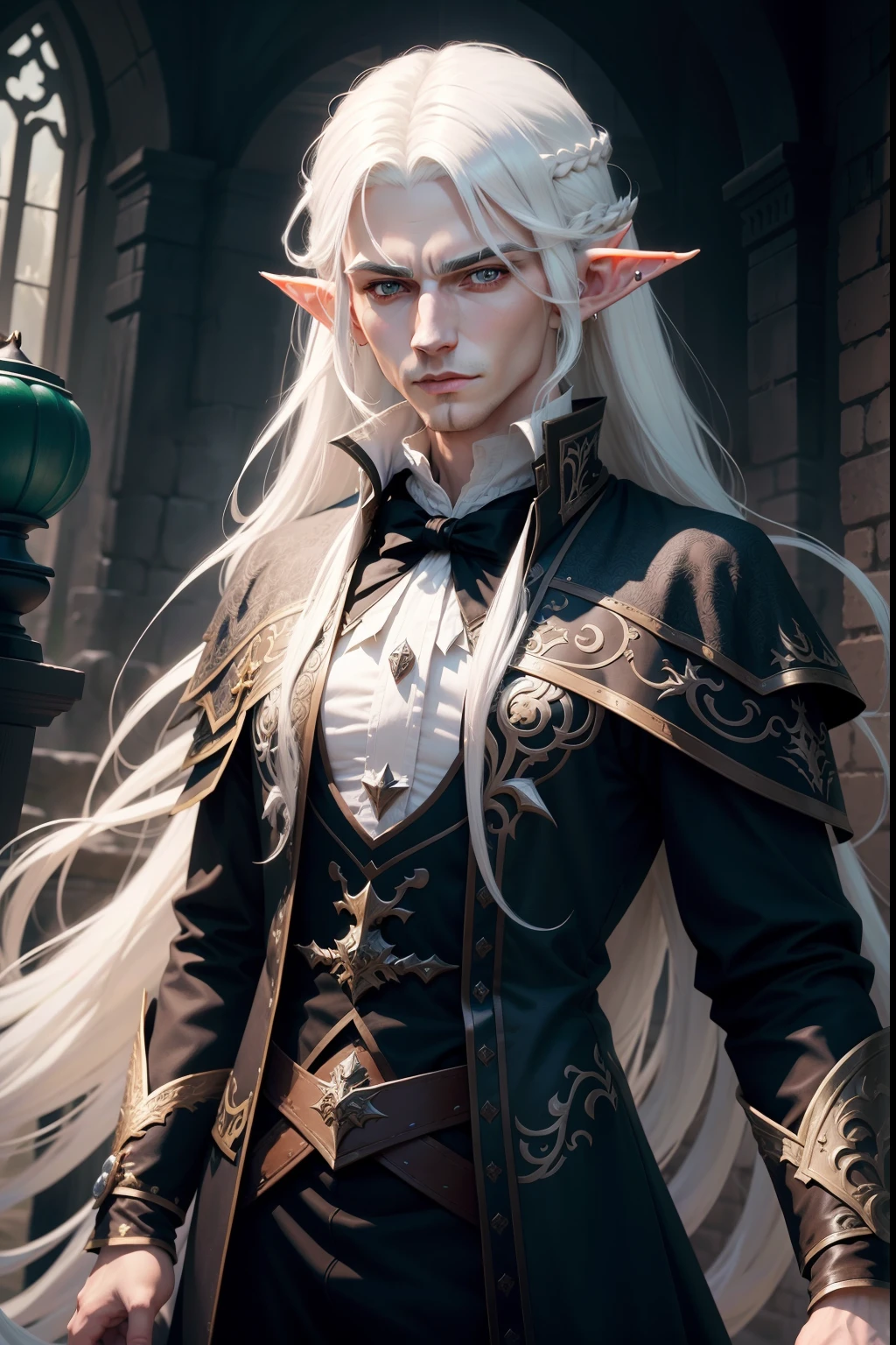Male elf, White Hair, Long Hair, White cloack, fantasy, rpg, warlock, magic, dark castle, little fairy