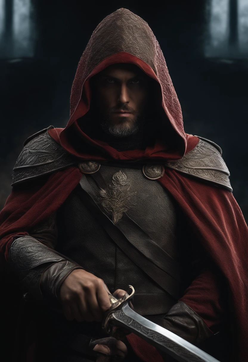 Realistic, 4k, Anjos com asas grandes, roupas pretas, uma espada, Head hood on war background image (caos)