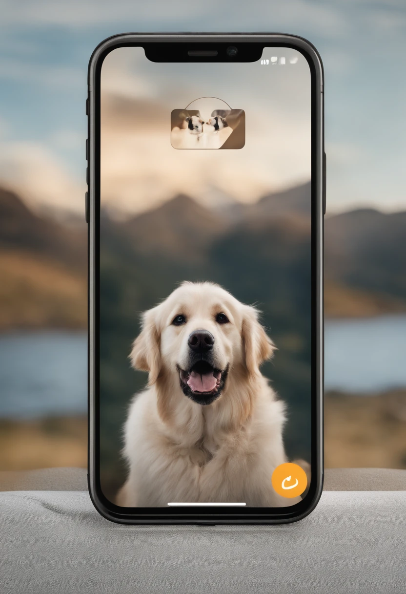 Generate an app icon depicting a person using a smartphone to translate to dog language. Include a friendly human face, a clear phone screen with dog-related symbols, and a cute dog image in the background. Create a visually engaging icon for a dog translator app.