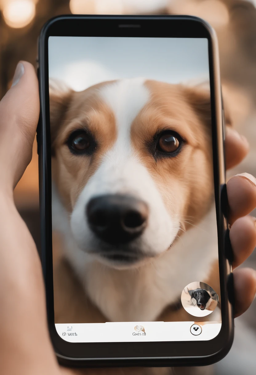 Generate an app icon depicting a person using a smartphone to translate to dog language. Include a friendly human face, a clear phone screen with dog-related symbols, and a cute dog image in the background. Create a visually engaging icon for a dog translator app.