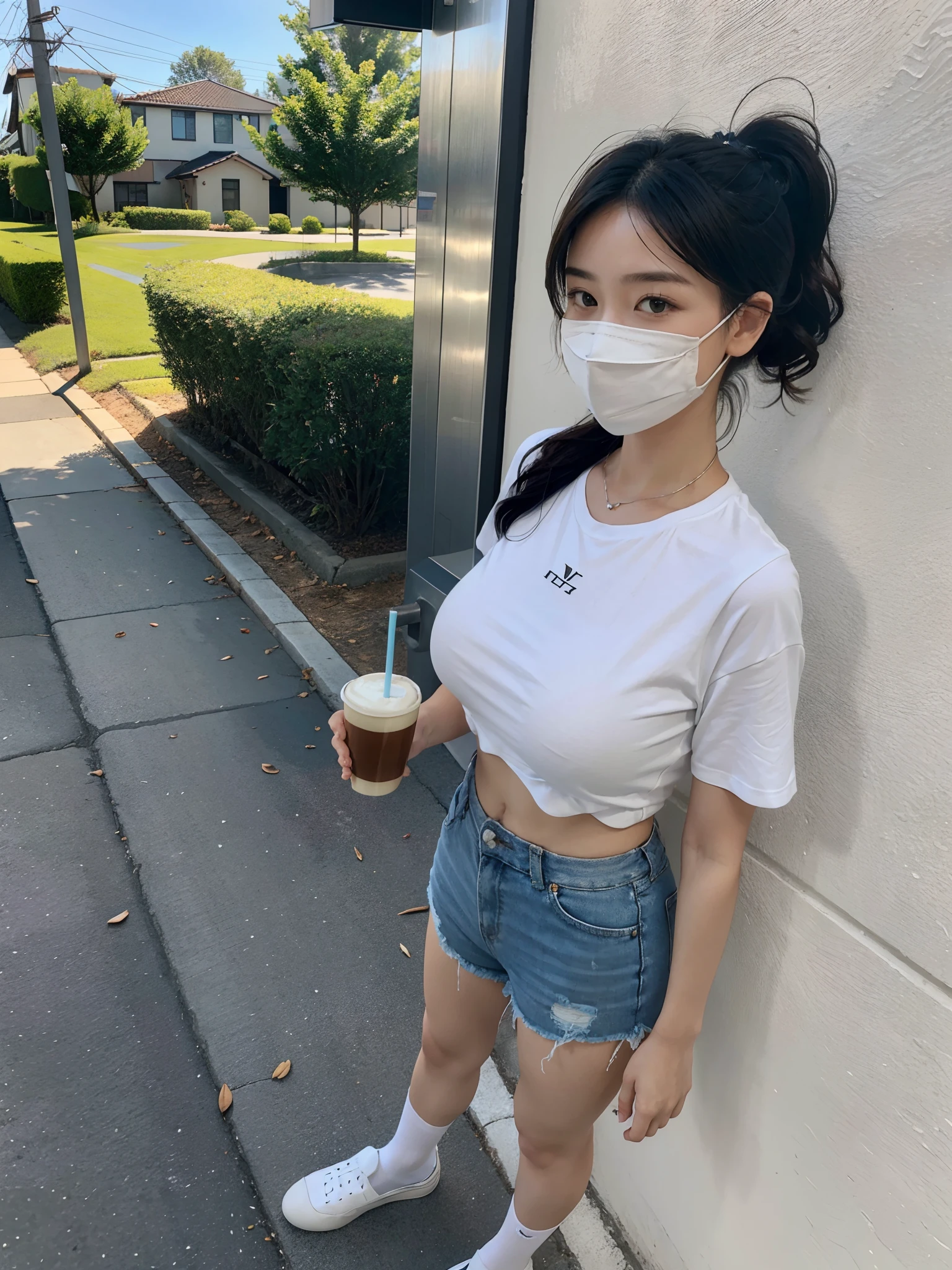 ((big underboob,Tomboyish,small heads)), (short-length straighthair: 1.2), Black hair,short ponytail hair，Upper body, （极其细致的CG 8k壁纸），（Extremely refined and beautiful），（Masterpiece），（best qualtiy：1.0），（超高分辨率：1.0），beautiful light up，Perfect lightning，realistic shaded，[A high resolution]，Smooth and flawless fair skin，ultra - detailed ，(large breasts:1.1)，large chest，Obesity，fat，Thick waist,（large belly：1.2），flab，Thick arms, thick legs，NomNomFace，Smile，cheerfulness，Light gray mask，（Camel short-sleeved T-shirt:1.1），（White sheer tulle shorts：1.1），white short socks, Light blue slippers，Summer，eventide，Crowded crowds，at the doorstep of a school，Outside the school fence，standing，outside，Tree-lined roadsides，A cup of coffee in hand，Close-up，Drink coffee with a straw