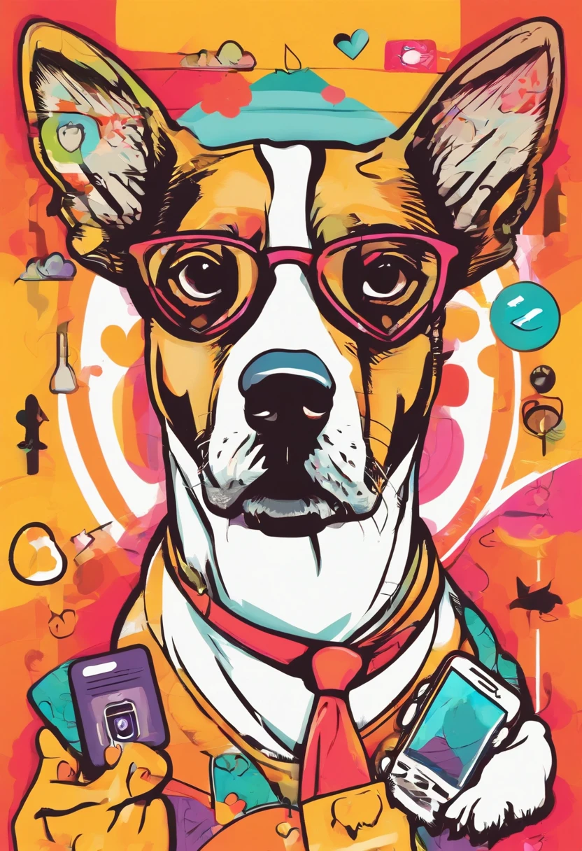 Generate an app icon depicting a person using a smartphone to translate to dog language. Include a friendly human face, a clear phone screen with dog-related symbols, and a cute dog image in the background. Create a visually engaging icon for a dog translator app.