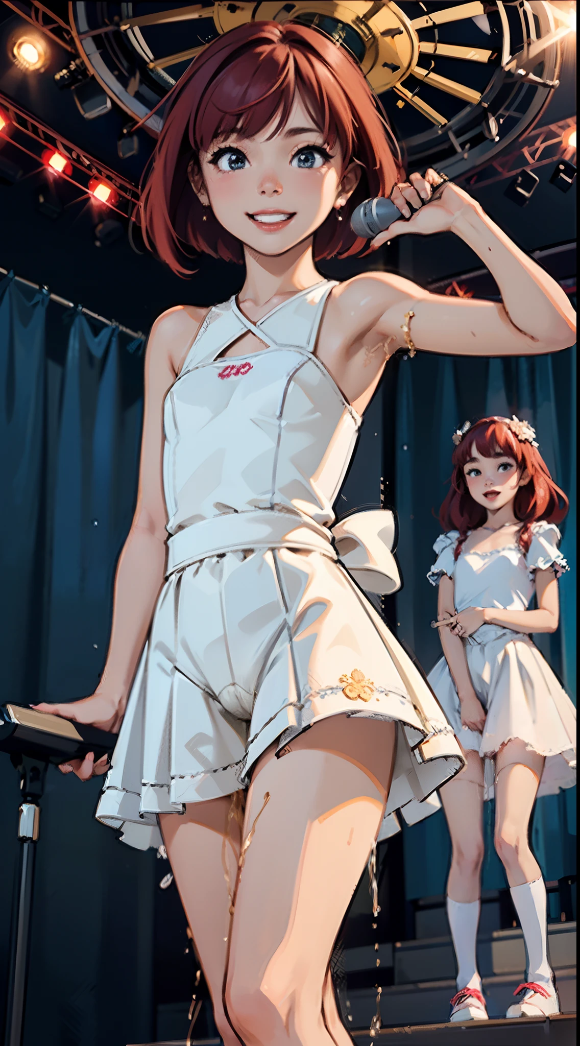 {{{masterpiece}}}, {{{best quality}}}, {{ultra-detailed}}, {illustration}, {{an extremely delicate and beautiful}}, (Best quality, 8k, 32k, Masterpiece, UHD:1.2),Photo of Pretty Japanese idol girl, top quality, best quality, realistic, unity, 8k wallpaper, official art, extremely detailed  wallpaper,(3girls:1.5),(wedding dress idol costume:1.2), (sweaty skin:1.3),15yo,Child,(big smile:1.3),(take the spotlight:1.1),(stand microphone:1.5),(sing:1.5),(very short bob hair:1.3), (red hair:1.3),earrings,looking at viewer,(high detailed skin),realistic body,(small breasts:1.4),cute girl, famous japanese idol,(standing),(low view),(lift skirt:1.1),(show off panties:1.2),(open panties:1.2),(white race panties:1.3),(panties juice:1.4),(looking at viewer:1.1),(idle stage :1.5)