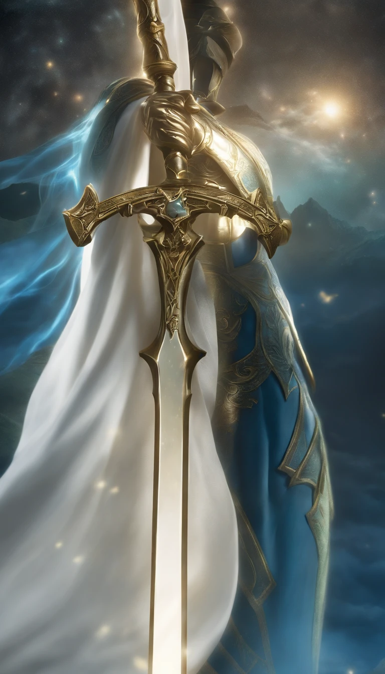 Excalibur, Manga delicada, The body of the sword is exquisite,bem decorado,(((The body of the sword is designed with a blue opal and a pattern in the form of light green particle effect..:1.3))), se, (The body of the sword is symmetrically decorated:1.3), (The entire Excalibur blade is centered:1.3), Mid-range close-up,(Silhueta geral:1.3),(Fantastic landscape painting:1.2), foto ultra realista, super-fino, 8k, Premium wallpapers, A mais alta qualidade de imagem, ..。.。...3d,c4d, tmasterpiece, rendering by octane