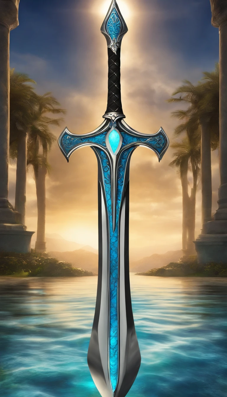 Excalibur, Manga delicada, The body of the sword is exquisite，bem decorado,（((The body of the sword is designed with a blue opal and a pattern in the form of light green particle effect..：1.3))), se, (The body of the sword is symmetrically decorated:1.3), (The entire Excalibur blade is centered:1.3), Mid-range close-up,（Silhueta geral:1.3),（Fantastic landscape painting:1.2), foto ultra realista, super-fino, 8k, Premium wallpapers, A mais alta qualidade de imagem, ..。.。...3d,c4d, tmasterpiece, rendering by octane