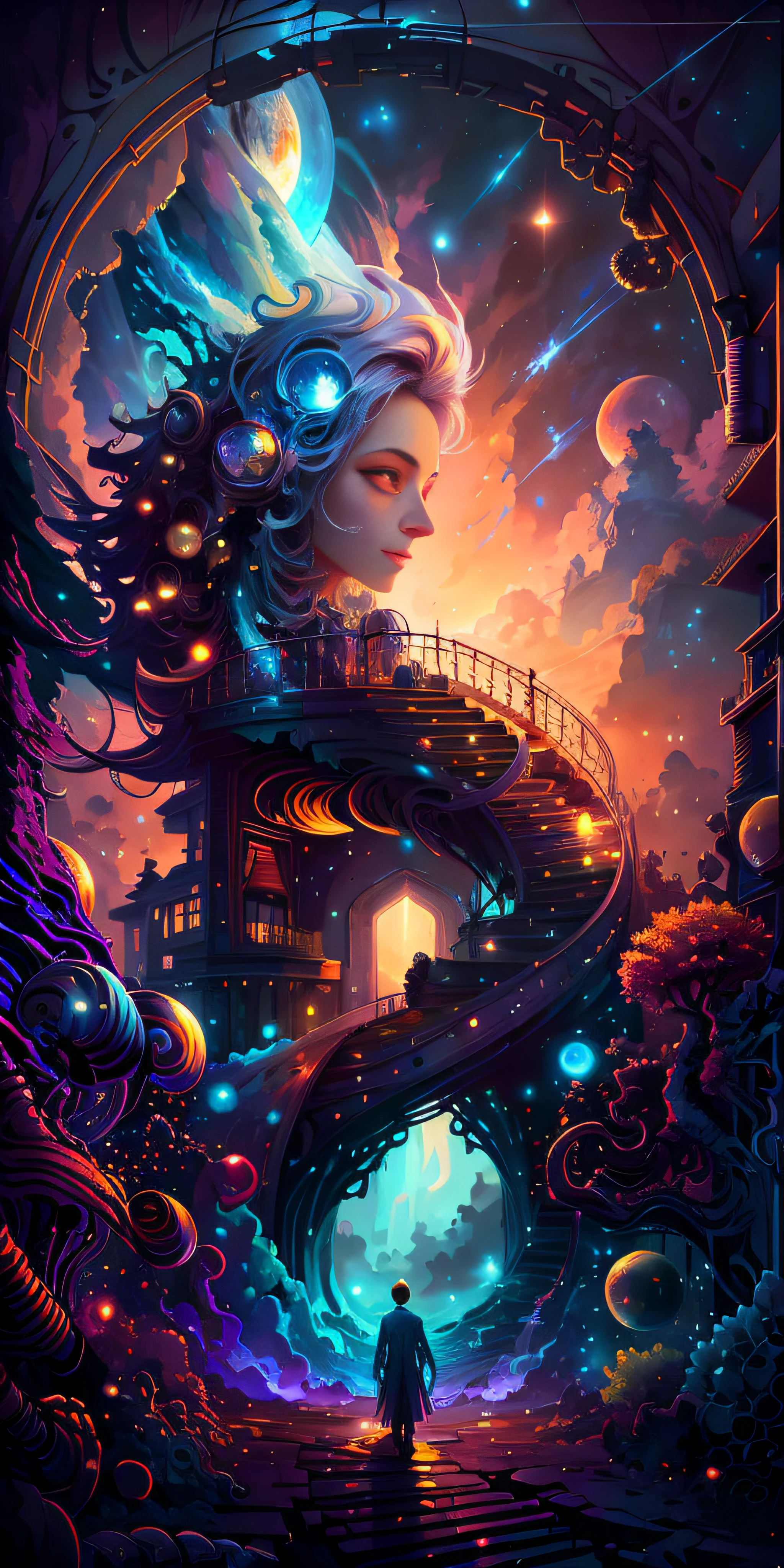 Un homme debout devant un portail spatial avec vue sur le soleil, Cyril Rolando et Goro Fujita, Portail vers un autre univers, inspired by Cyril Rolando, Portail vers une autre dimension, World seen only through a portal, High quality fantastic photo, Portail vers un autre monde, Portal to outer space, Dans le style de Cyril Rolando, Looking into space