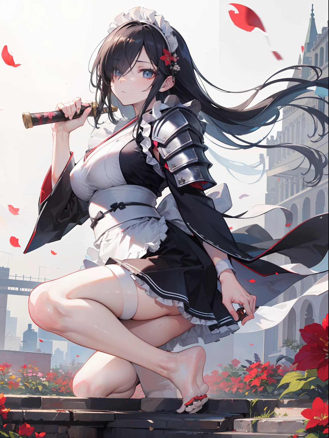 Best Quality, (Extremely detailed: 1.5), masutepiece, 超A high resolution,(photographrealistic:1.4), 1 beautiful girl, Cowboy Shot, (Wear battle armor:1.4), (Wear battle armor:1.6), (Floral part Terund black kimono:1.6), (maid:1.6), Black Maid Micro Skirt, holding a katana, Long straight hair, Hair over one eye,(Big eyes:1.1), Black hair, (Raw feet:1.3),Wind, Dynamic Angle, Dynamic Pose