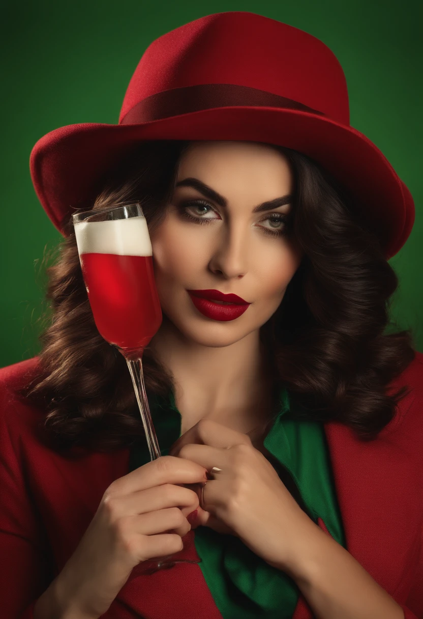 a young woman , fruit and cocktail, in the style of light red and light emerald, humorous imagery, wimmelbilder, close up,upper body