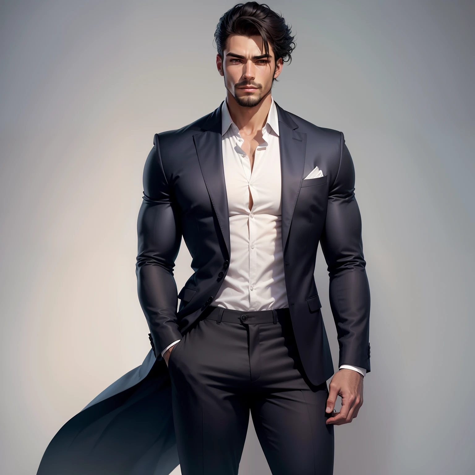 Um desenho de um personagem masculino com com 1,80 tall pants, camisa e sobretudo preto
