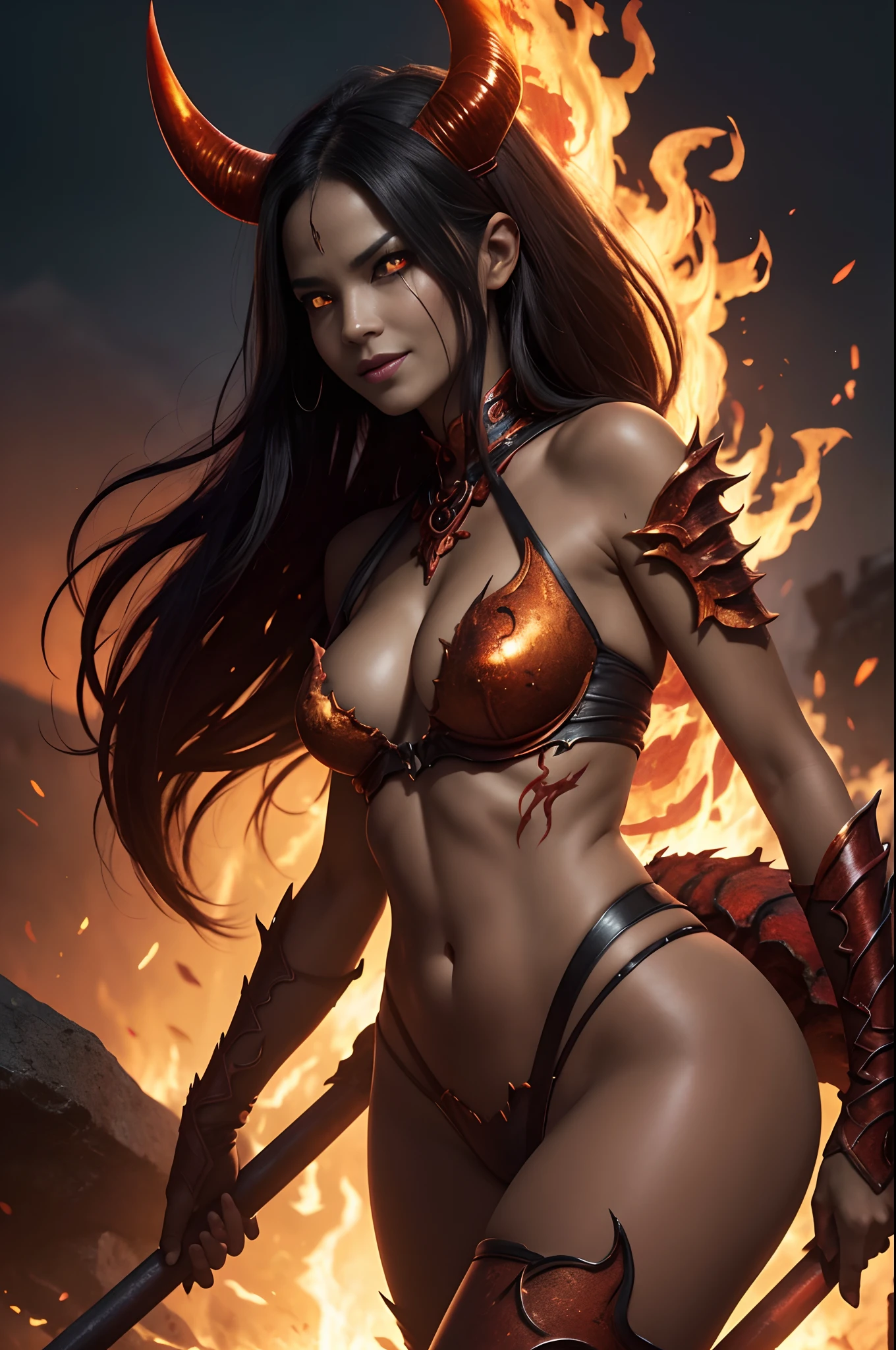 Beautiful mature female demon, horns, tail, cruel smile, red skin, sexy fetish armor, wreathed in fire, (fiery eyes:1.2), temptation, taking your soul, hellscape background, tortured souls, hordes of hell in the distance, (masterpiece), (photorealistic:1.4), RAW photo, best quality, high res, rich colors, backlight, bright sunlight, cinematic lighting, film grain, raw photo, 50mm lens, Nikon D850, warm colors