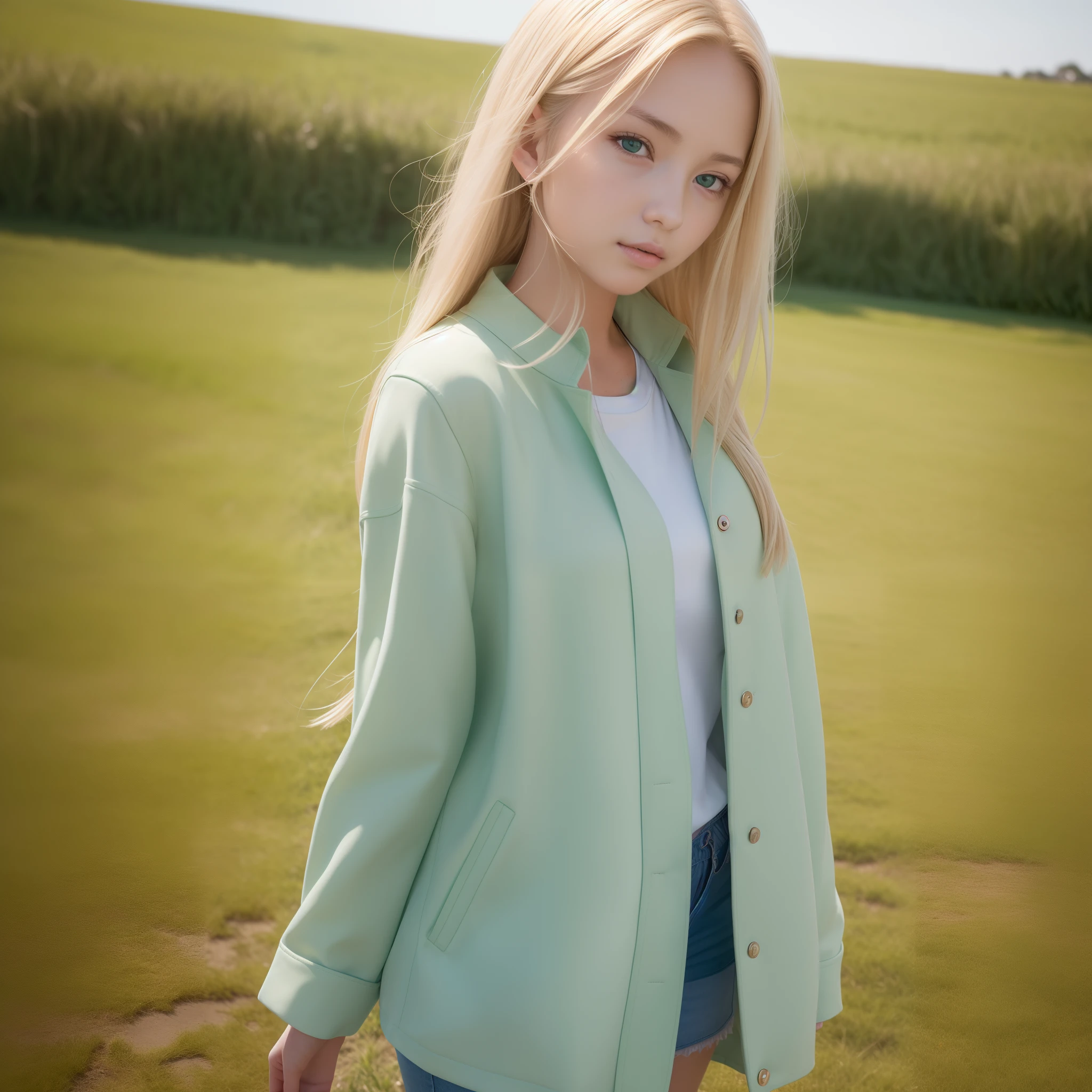 top-quality, masterpiece, (Photorealsitic:1.4), ultra-detailliert, Raw photo, girl with, blonde hair, long, Green shirt, White jacket, portlate, depth of fields, grass field, Soft lighting, look at a camera