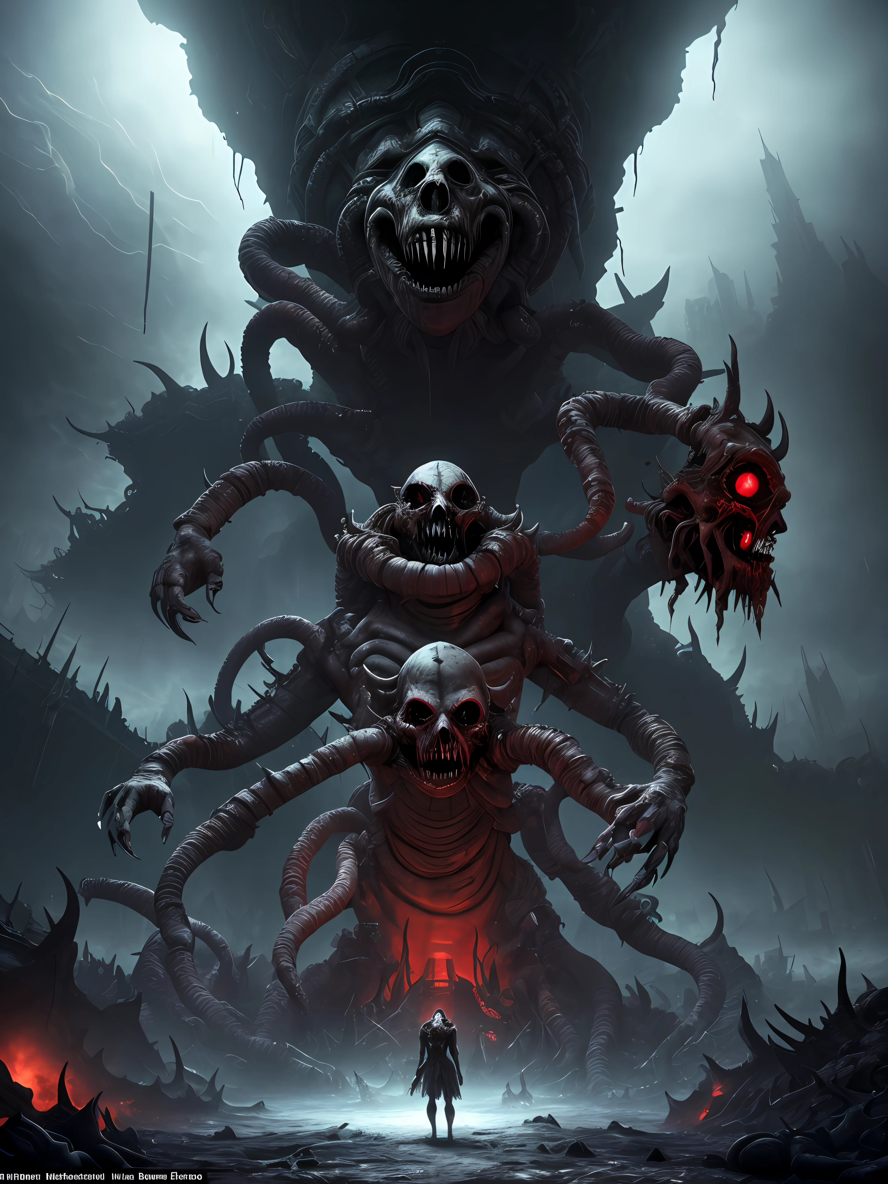 masterpiece, 4k, sharp focus, highest quality,wide shot,Imagine a world where darkness and cold have taken over, and you find yourself in the depths of the nine layers of hell. The once vibrant landscapes have now become desolate wastelands filled with endless suffering. The skies are obscured by a thick haze, and the only sounds you hear are the cries of the damned. As you make your way through the levels, you encounter demons and tormentors, each determined to keep you from escaping their grasp. Can you survive the horrors of each layer and find a way out of this dark and cold hellscape