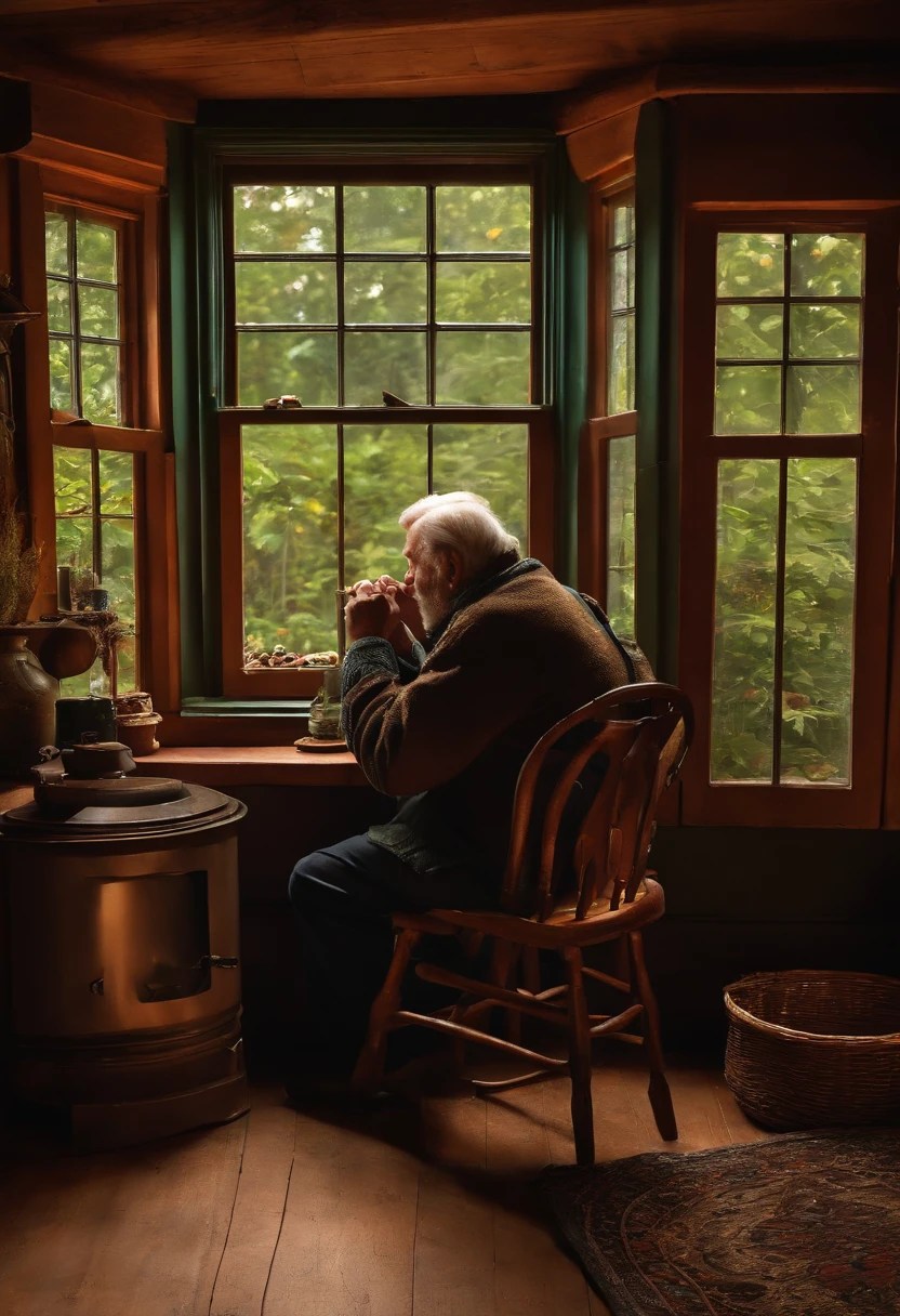old man on the edge of the wood stove sipping mate and looking out the window