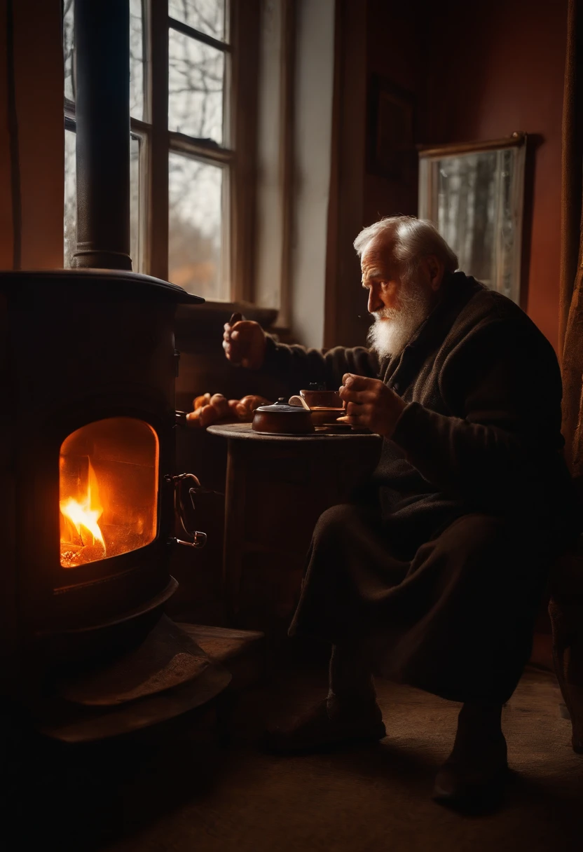 old man on the edge of the wood stove sipping mate and looking out the window