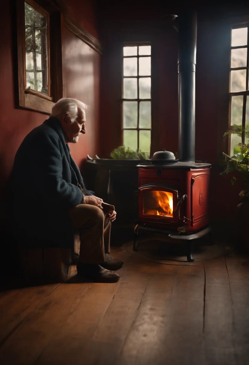 old man on the edge of the wood stove sipping mate and looking out the window