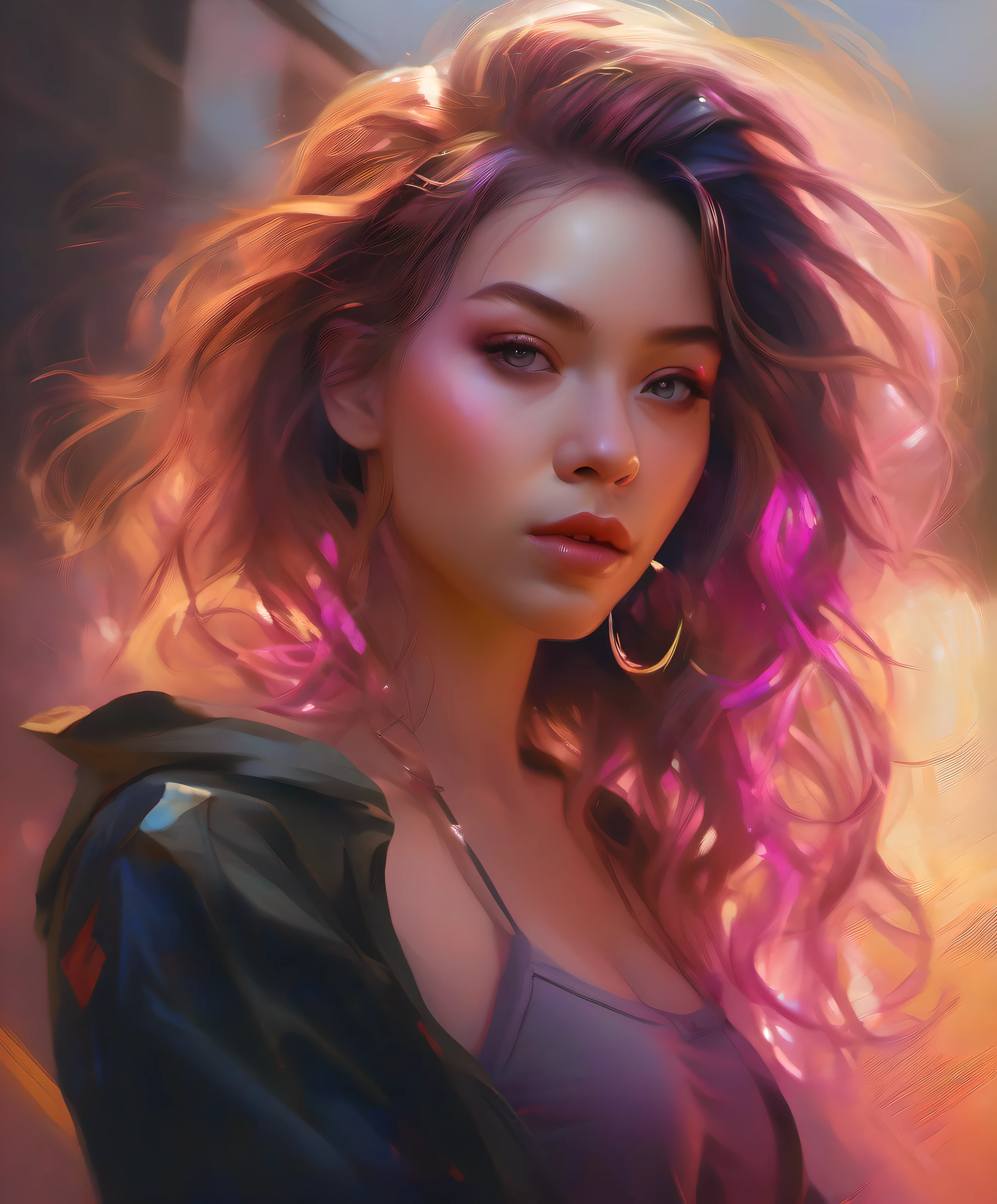 (Una pintura de una mujer con cabello largo), Arte digital, inspirado por Ross Tran, cabello largo y esponjoso y rizado, Soft sunset lighting, Hermoso arte UHD 4K, Vestido y rostro detallados, Chica rosa, Pintura realista de chica linda, Magali Villeneuve' cabello ondulado, Caricatura ultra realista, Imagen besada por el viento, Sakimichan