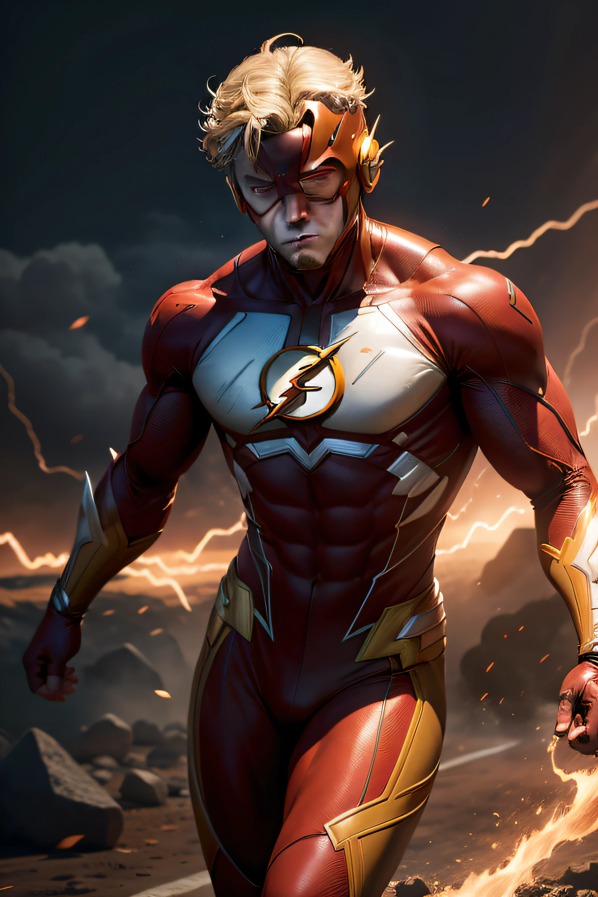 The Flash in Action, Mcu, bodysuit branco, Tauromaquia, Ultra Detalhe, 8k, O artistic style of Jim Lee, DC Quadrinhos, Visto de frente, cara fria, Piece, High 1Boy Dynamic, MAL.