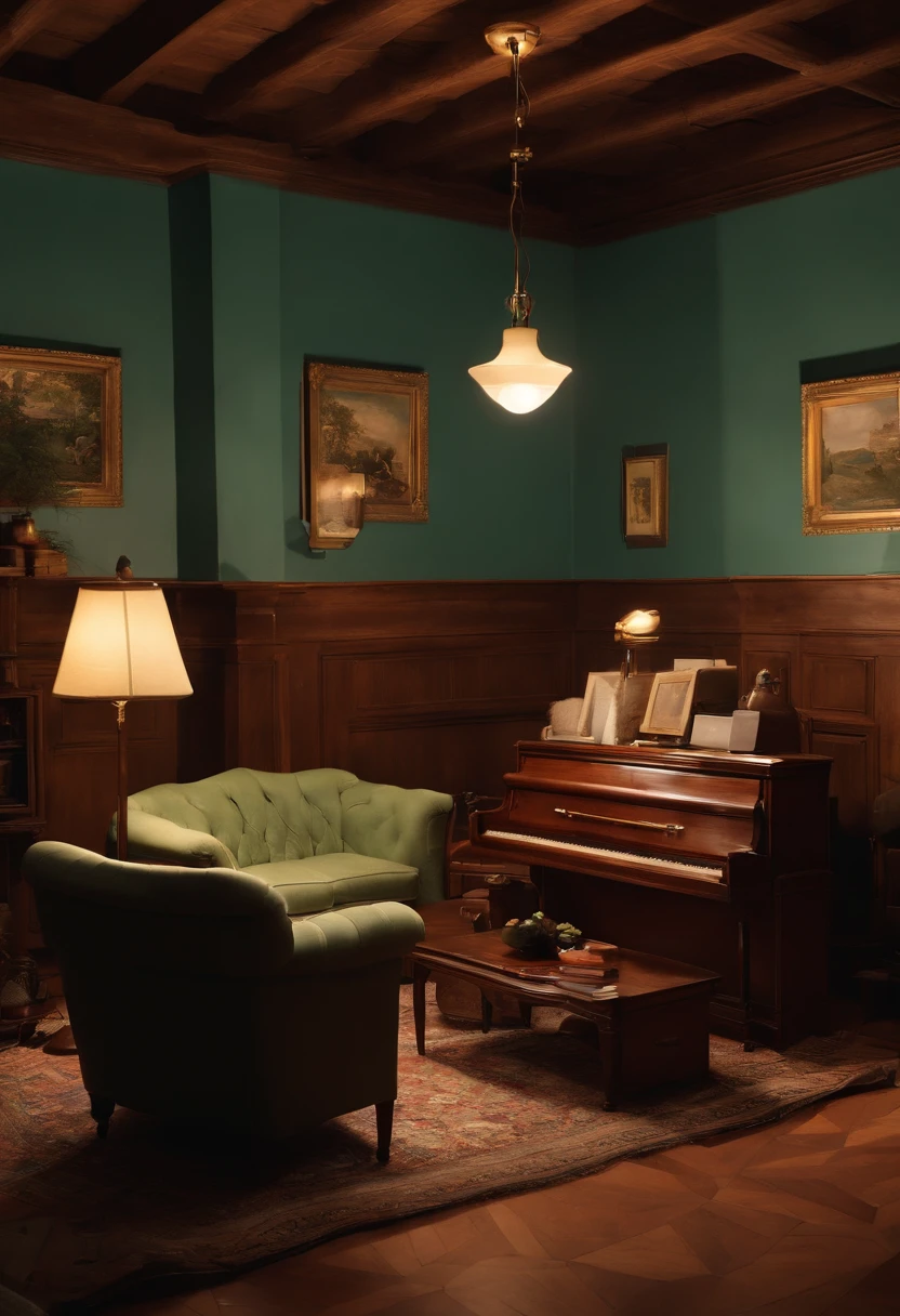 "You're in a typical 1940s living room, with dark wood furniture and a sofa lined with floral fabric. The room is illuminated by a single lamp suspended from the ceiling. No centro da sala, A family of anxious citizens is gathered around a wooden radio with a large antenna. The radio is tuned to a news station and the voice of the announcer, com um tom solene e preocupado, preenche o ambiente, announcing updates on the events of World War II. The tension is palpable in the air, while citizens listen intently to the news about global events that profoundly affect their lives."
