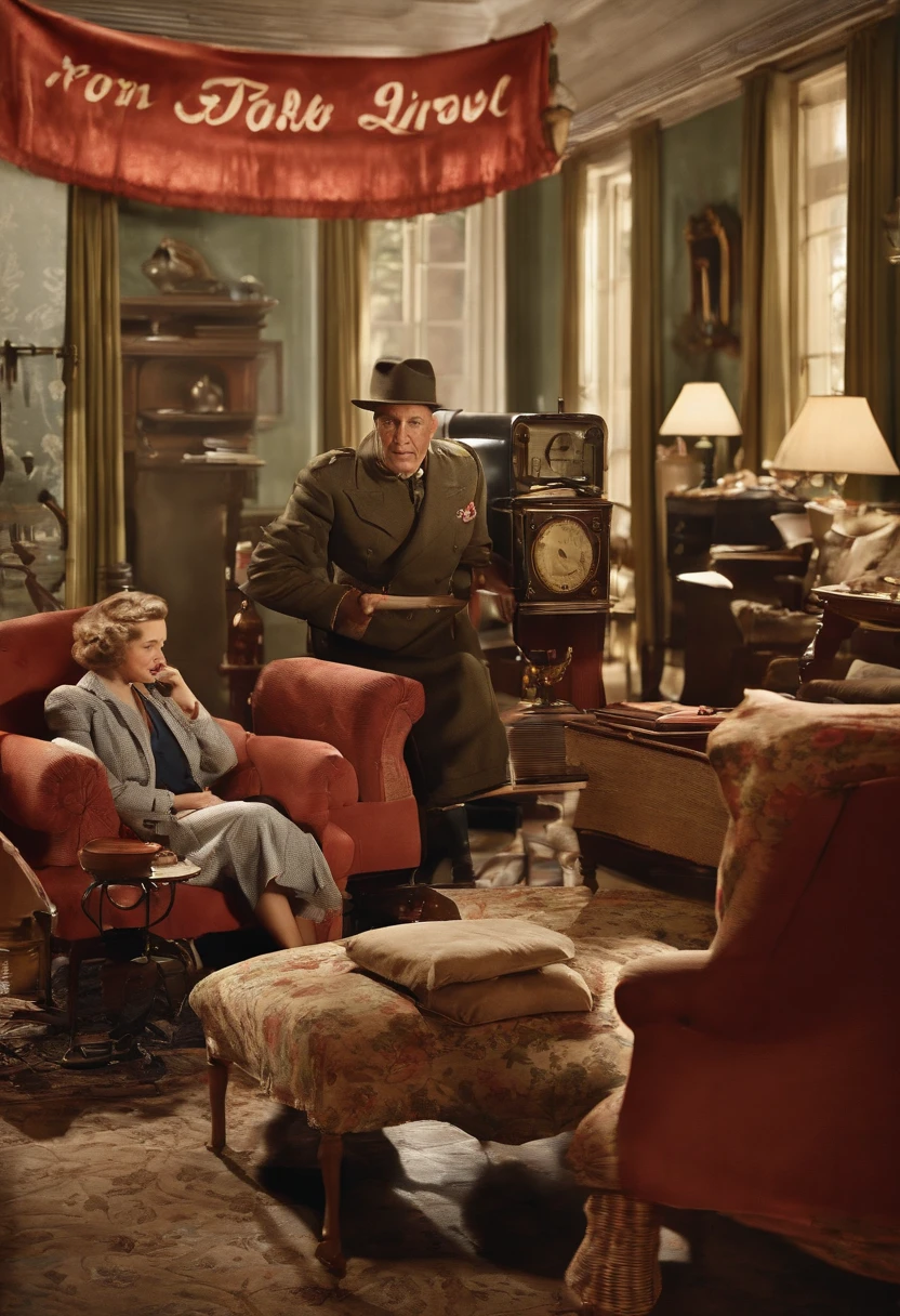 "You're in a typical 1940s living room, with dark wood furniture and a sofa lined with floral fabric. The room is illuminated by a single lamp suspended from the ceiling. No centro da sala, A family of anxious citizens is gathered around a wooden radio with a large antenna. The radio is tuned to a news station and the voice of the announcer, com um tom solene e preocupado, preenche o ambiente, announcing updates on the events of World War II. The tension is palpable in the air, while citizens listen intently to the news about global events that profoundly affect their lives."