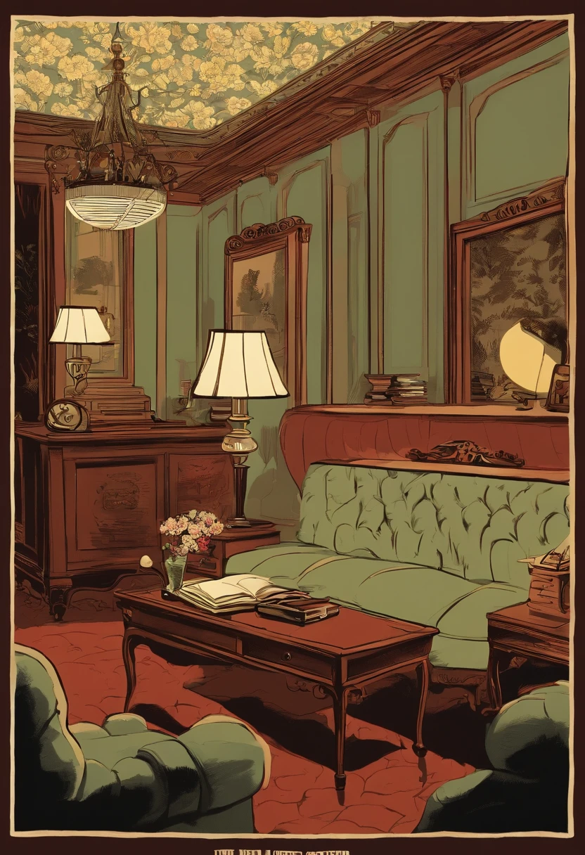 "You're in a typical 1940s living room, with dark wood furniture and a sofa lined with floral fabric. The room is illuminated by a single lamp suspended from the ceiling. No centro da sala, A family of anxious citizens is gathered around a wooden radio with a large antenna. The radio is tuned to a news station and the voice of the announcer, com um tom solene e preocupado, preenche o ambiente, announcing updates on the events of World War II. The tension is palpable in the air, while citizens listen intently to the news about global events that profoundly affect their lives."