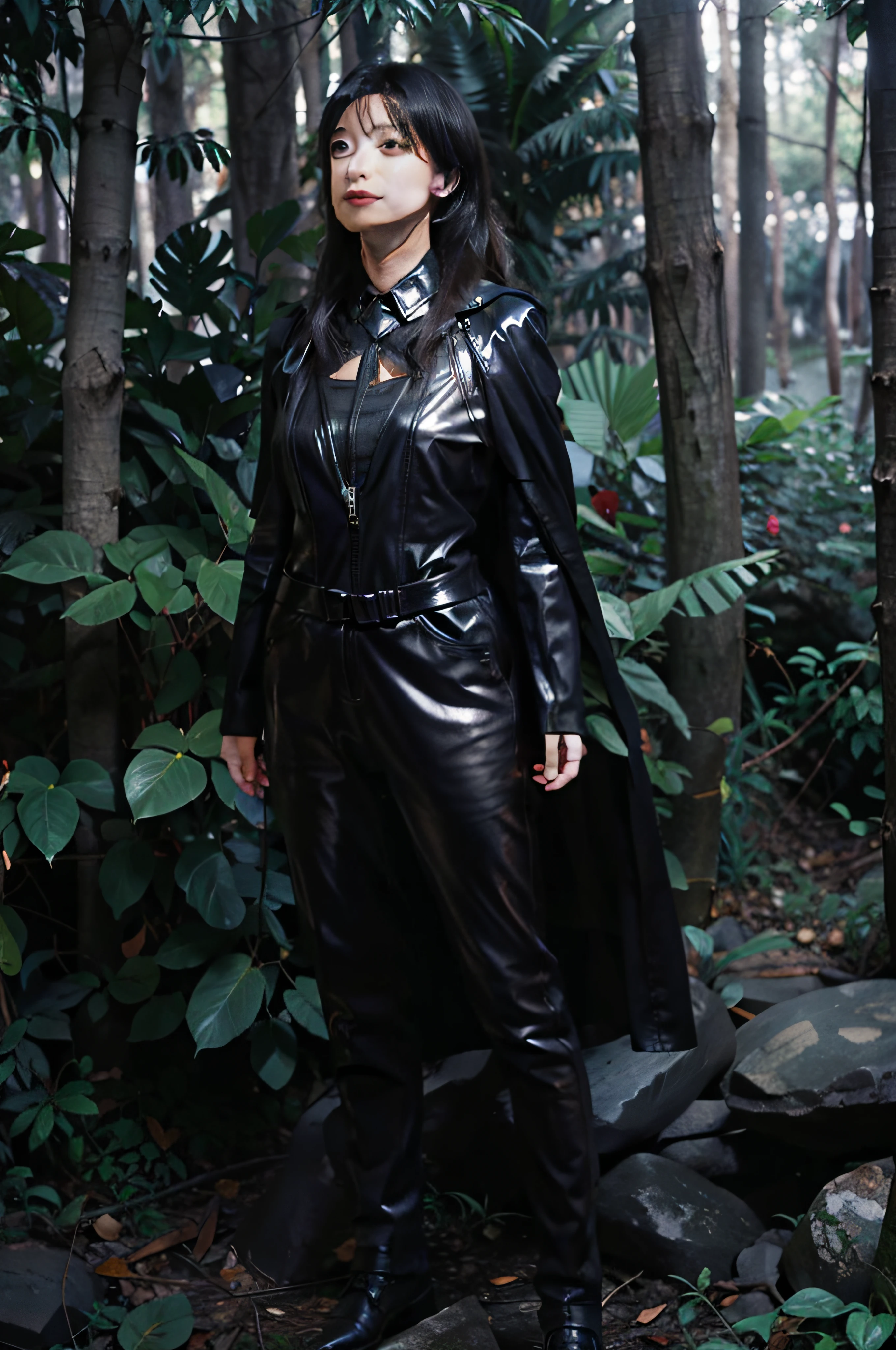 Full-length Amazon woman in leather suit in forest