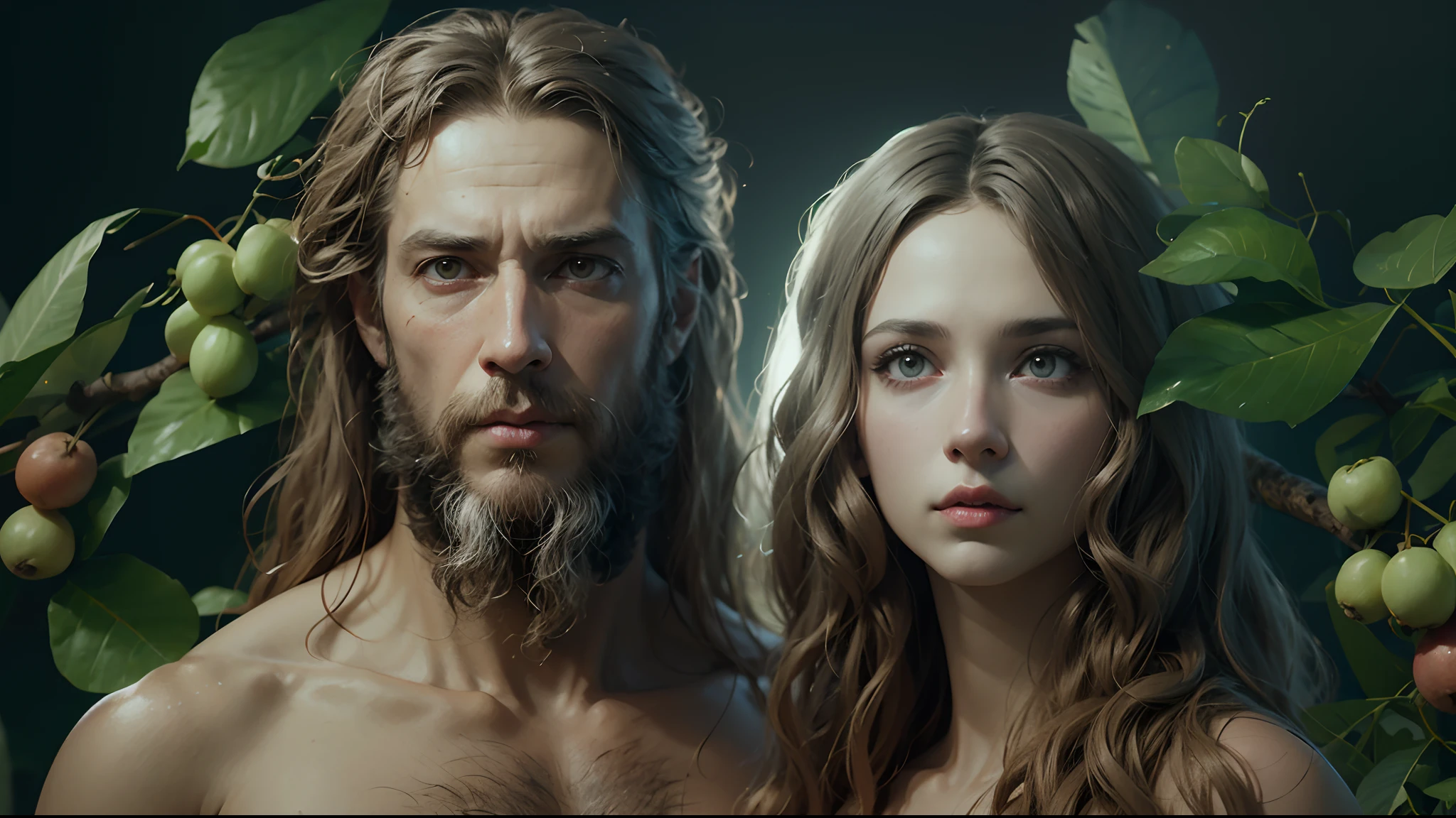 there is a man and woman standing next to each other, Adam e Eve, 3 D render character art 8 k, Renaissance Digital Painting, 3 D render estilizado, Realistic Fantasy render, Realistic Digital Art 4 K, Realistic Digital Art 4K, Greek Myth Digital Painting, Deviantart Artstation CGSosiety, 3D CG, 3 D CG, COBRA EM VOLTA