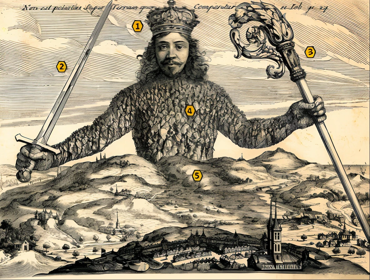 imagem arrapada de um homem com barba e coroa segurando uma espada, Um enorme deus gigante celestial, gravura de 1700, inspirado em Wenceslas Hollar, xilogravura surreal, O Deus Cefeida das Coisas Perdidas, Directed by: Hans Bol, elaborate illustration, 136412351, cover of the book leviathan fe thomas Hobbes