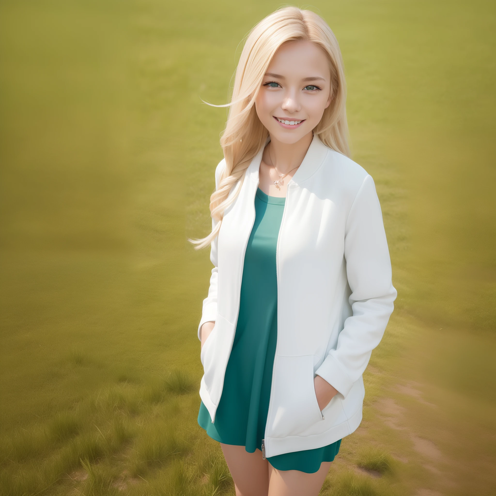 top-quality, ​masterpiece, (Photorealsitic:1.4), ultra-detailliert, Raw photo, girl with, a smile, blonde  hair, long, Green shirt, White jacket, portlate, depth of fields, grass field, Soft lighting, look at a camera