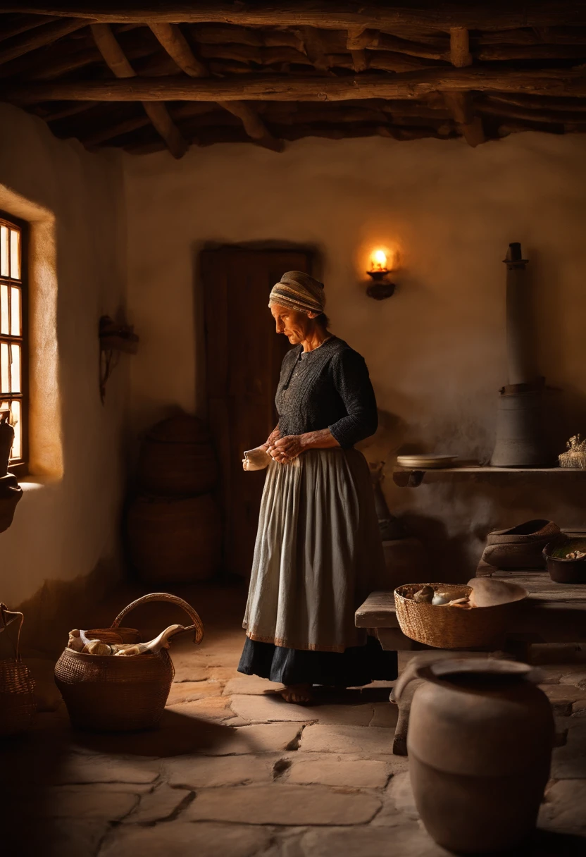 "You are in a family home in the mountains, located between the fifteenth and sixteenth centuries. The house is built with rustic stone walls and a thatched roof, resistente ao clima das montanhas. The exposed wooden beams in the ceiling give a cozy touch to the interior.
The family gathers around a large wooden table in the center of the main room. Uma lareira crepita no canto, providing warmth and lighting to the room. the mother, dressed in period clothes, is preparing a simple meal on the wood fire, enquanto o pai observa cuidadosamente, with a calm and tired expression from a day's work in the mountainous lands.
Children, wearing clothes from the same era, play with rudimentary toys on the stone floor, mostrando a simplicidade da vida cotidiana. Do lado de fora, You can hear the wind whispering among the trees and the distant sound of streams. Life is simple and connected to nature, and the family home in the mountains offers a serene refuge from the hustle and bustle of the outside world."