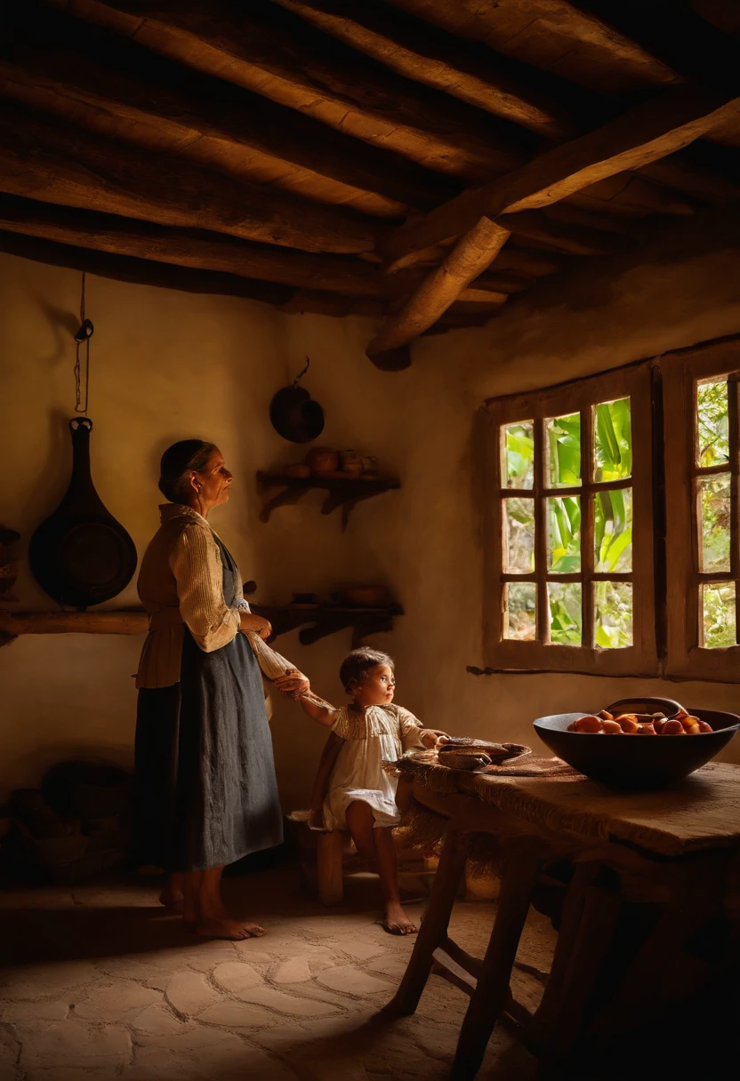"You are in a family home in the mountains, located between the fifteenth and sixteenth centuries. The house is built with rustic stone walls and a thatched roof, resistente ao clima das montanhas. The exposed wooden beams in the ceiling give a cozy touch to the interior.
The family gathers around a large wooden table in the center of the main room. Uma lareira crepita no canto, providing warmth and lighting to the room. the mother, dressed in period clothes, is preparing a simple meal on the wood fire, enquanto o pai observa cuidadosamente, with a calm and tired expression from a day's work in the mountainous lands.
Children, wearing clothes from the same era, play with rudimentary toys on the stone floor, mostrando a simplicidade da vida cotidiana. Do lado de fora, You can hear the wind whispering among the trees and the distant sound of streams. Life is simple and connected to nature, and the family home in the mountains offers a serene refuge from the hustle and bustle of the outside world."