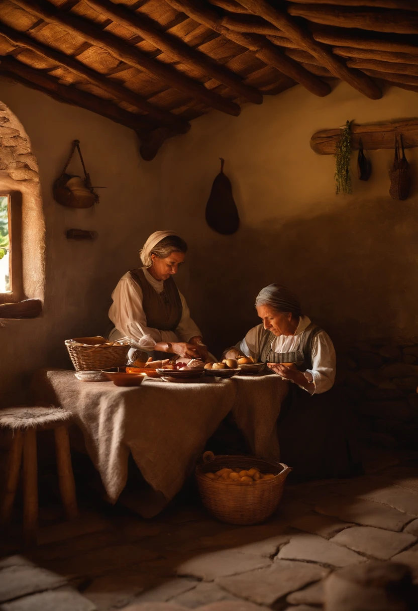 "You are in a family home in the mountains, located between the fifteenth and sixteenth centuries. The house is built with rustic stone walls and a thatched roof, resistente ao clima das montanhas. The exposed wooden beams in the ceiling give a cozy touch to the interior.
The family gathers around a large wooden table in the center of the main room. Uma lareira crepita no canto, providing warmth and lighting to the room. the mother, dressed in period clothes, is preparing a simple meal on the wood fire, enquanto o pai observa cuidadosamente, with a calm and tired expression from a day's work in the mountainous lands.
Children, wearing clothes from the same era, play with rudimentary toys on the stone floor, mostrando a simplicidade da vida cotidiana. Do lado de fora, You can hear the wind whispering among the trees and the distant sound of streams. Life is simple and connected to nature, and the family home in the mountains offers a serene refuge from the hustle and bustle of the outside world."
