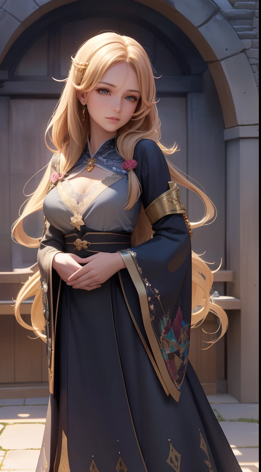 Village girl, Malon, 1girl, perfect and well designed eyes, (beautiful detailed eyes:1.05), natural breasts, slim body, beautiful and delicate face, (face detail), pores, realistic face, fair skin, detailed skin, real skin, realistic skin, medium length hair, hair voluminous, super high resolution, 8k, parameters Best quality, (beautiful:1.05), (masterpiece:1.4), (magic accessories:1.4), extremely detailed {{{silk|feathers}|latex}|lacy} {{shirt|cloth|kimono}|{skirt|dress}}, neckline, ultra detailed, photorealistic, (best quality:1.4), super high resolution, (Realistic 1.4), More details, Real image, (portrait, full body), (((1girl))), (witchcraft:1.1), magic energy flows and sparkles, ((castle, stronghold) city, hills, village), (beautiful and aesthetic:1.2), (fractal art:1.4), (cinematic light:1.1), 16K, HDR, RTX, Ray Tracing, Radiosity, Anisotropic Filtering, Subsurface Scattering, metallic reflections, vibrant colors