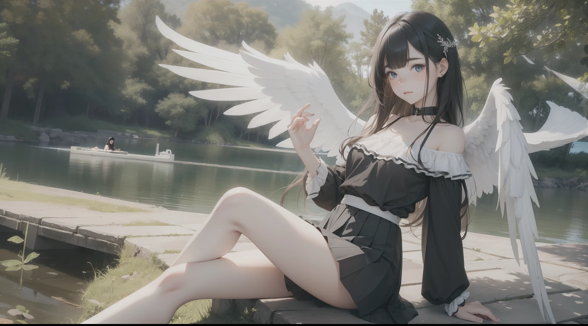 beautiful girl, very white skin, freckles on face, , off-the-shoulder shirt, pleated skirt, black fishnet tights, very long hair, wavy hair, small breasts, very large angel wings, lakeside, park, sexy pose , big nail, lots of blood, leaning forward, best quality, high resolution, hyperrealistic, 8K, HDR
