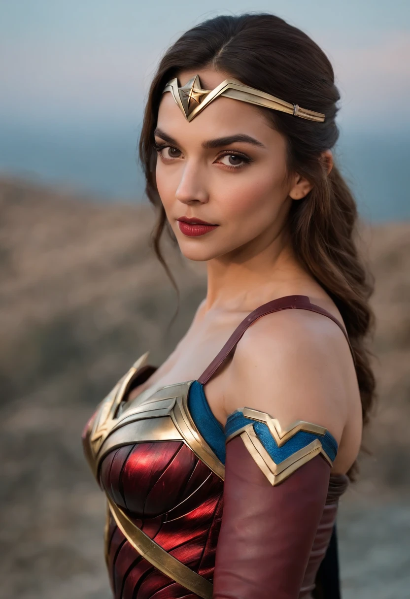 Deepika Padukone wearing wonder_woman_cosplay_outfit, in front of a sky, 
good hand,4k, high-res, masterpiece, best quality, head:1.3,((Hasselblad photography)), finely detailed skin, sharp focus, (cinematic lighting), night, soft lighting, dynamic angle, [:(detailed face:1.2):0.2], big breasts, deep clevage visible, outside,