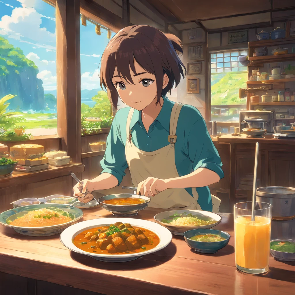 Studio Ghibli View, Perfect, Best Quality, best art,Delicious-looking curry rice on the table、1 glass of water、