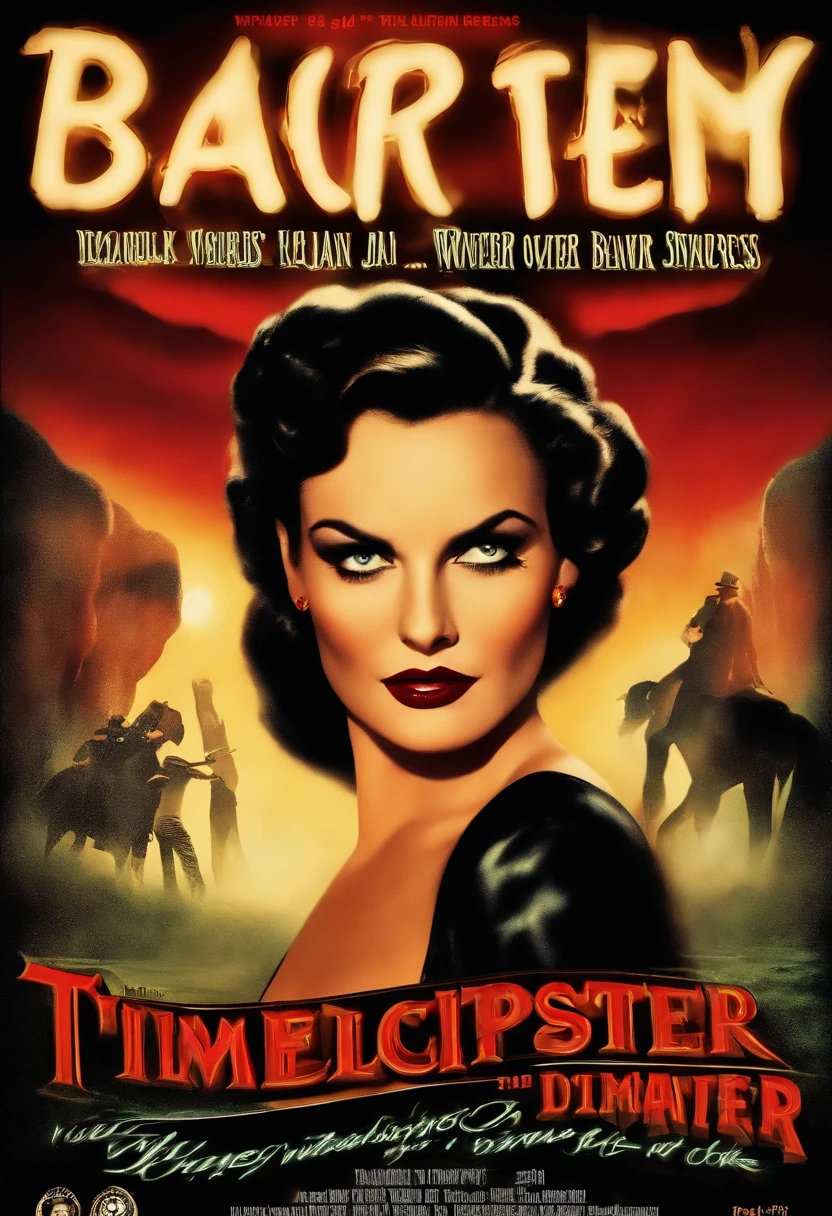 A film poster From Dusk Till Dawnshowing The Titty Twister Bar in evidence crawling with vampires A cinematic masterpiece showcasing the eerie dance of shadows in The Titty Twister Bar, where vampires lurk. The moonlight pierces through bullet holes in the walls, casting a haunting glow on blood-splattered poker tables and velvet-clad vampires. Smoke curls in the air, creating an atmosphere of suspense as the bar's neon sign flickers ominously. The Titty Twister Bar is a decrepit yet seductive den of vice, located in a remote desert. The neon lights illuminate the eerie beauty of this nightspot, contrasting with the barren landscape outside. The gritty, gritty environment adds a layer of danger to the scene. The atmosphere is thick with tension and danger, with vampires ready to pounce on unsuspecting victims. The air is charged with menace, and the dimly lit bar exudes a mix of temptation and dread.