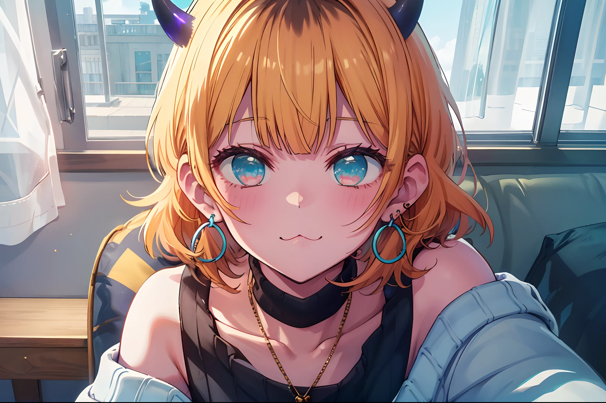 masterpiece, hightquality, Hi-Res, MEMcho, Indoors,独奏,1 persons,1girl in,short-cut,The shirt, off shoulders, off-the-shoulder sweater, (((Light blue sweater:1.2))),Light blue sweater,Shoulder out, (small horn), (:3:1.2), Black sleeveless shirt, Black High Neck Sleeveless Shirt, Black shirt, Sweaters, Sweater sleeve wrist too much, hoop earings,up of face,Depiction of beautiful faces,detailed face depiction,Depiction from head to neck,